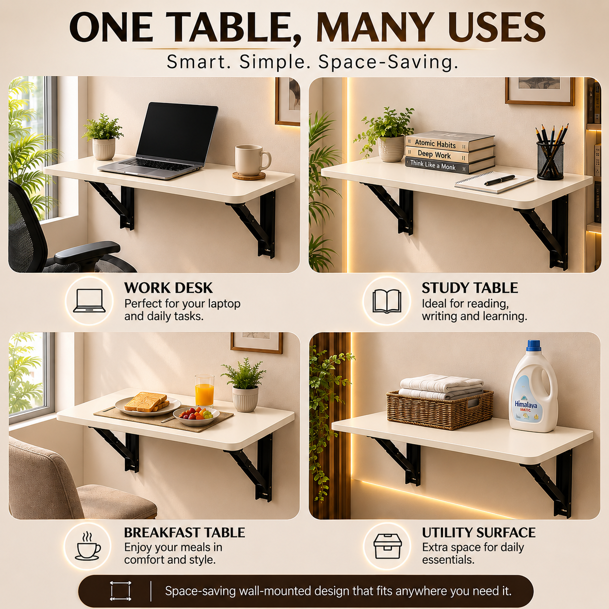 PEDPIX® Wall Mounted Folding Table | 80 × 40 cm | Cream | Space-Saving Foldable Wall Desk