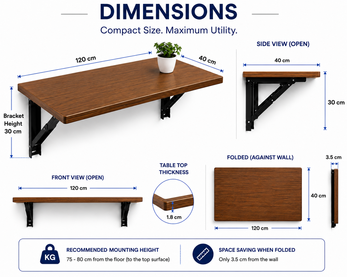 PEDPIX Wall-Mounted Folding Table 120 × 40 cm | Space-Saving Foldable Wall Desk | Engineered Wood | Study, Work & Dining Table