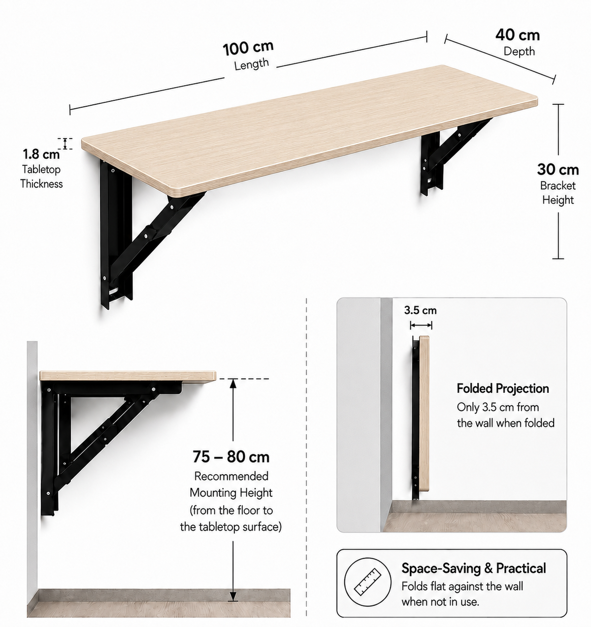 PEDPIX Wall Mounted Folding Table 100 × 40 cm | Space-Saving Foldable Table | Study, Work & Multipurpose Table