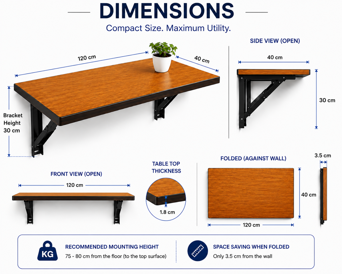 PEDPIX Wall-Mounted Folding Table 120 × 40 cm | Space-Saving Foldable Wall Desk | Engineered Wood | Study, Work & Dining Table