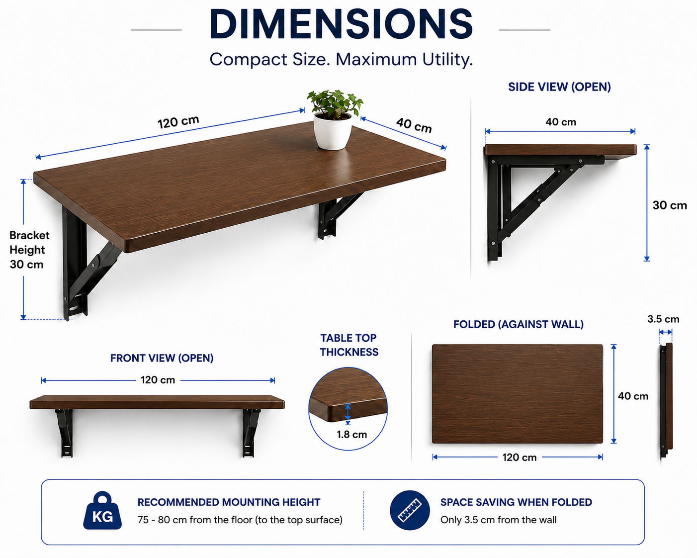 PEDPIX Wall-Mounted Folding Table 120 × 40 cm | Space-Saving Foldable Wall Desk | Engineered Wood | Study, Work & Dining Table