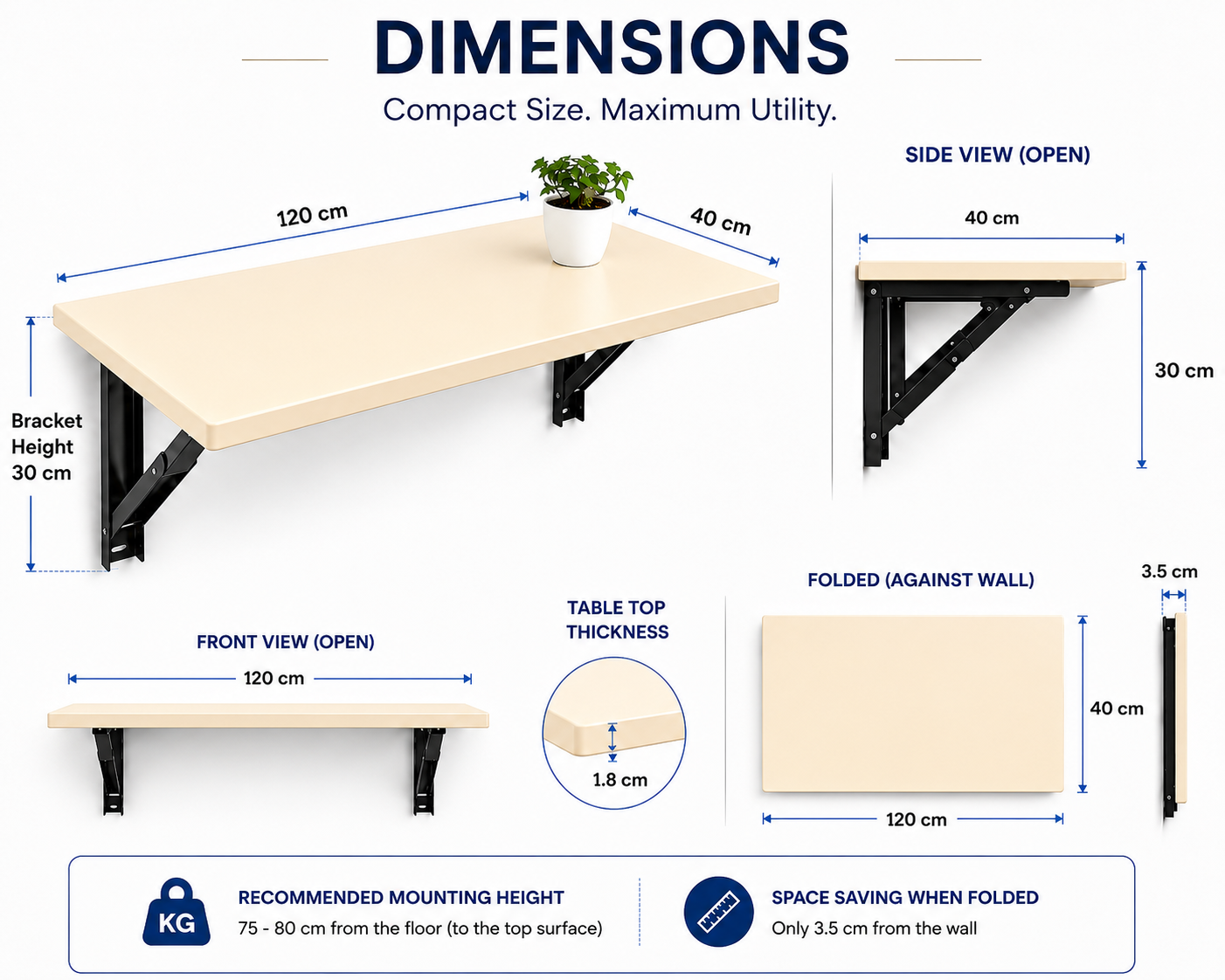 PEDPIX Wall-Mounted Folding Table 120 × 40 cm | Space-Saving Foldable Wall Desk | Engineered Wood | Study, Work & Dining Table