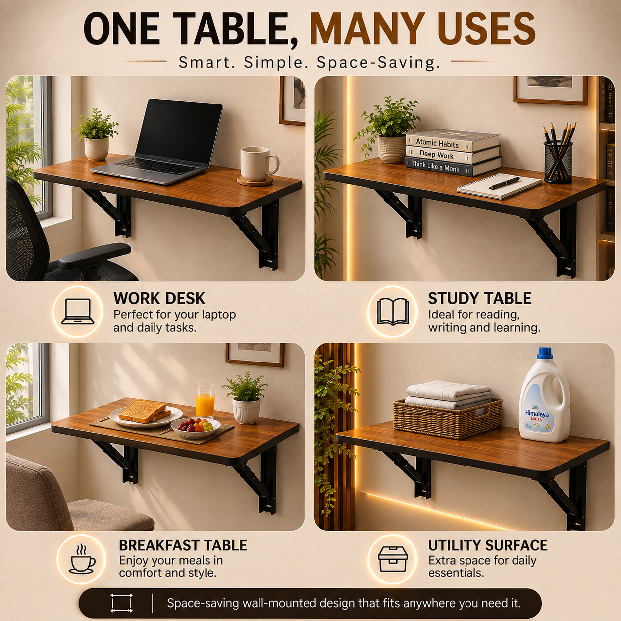 PEDPIX® Wall Mounted Folding Table | 80 × 40 cm | Teak Venge | Foldable Wall-Mounted Desk