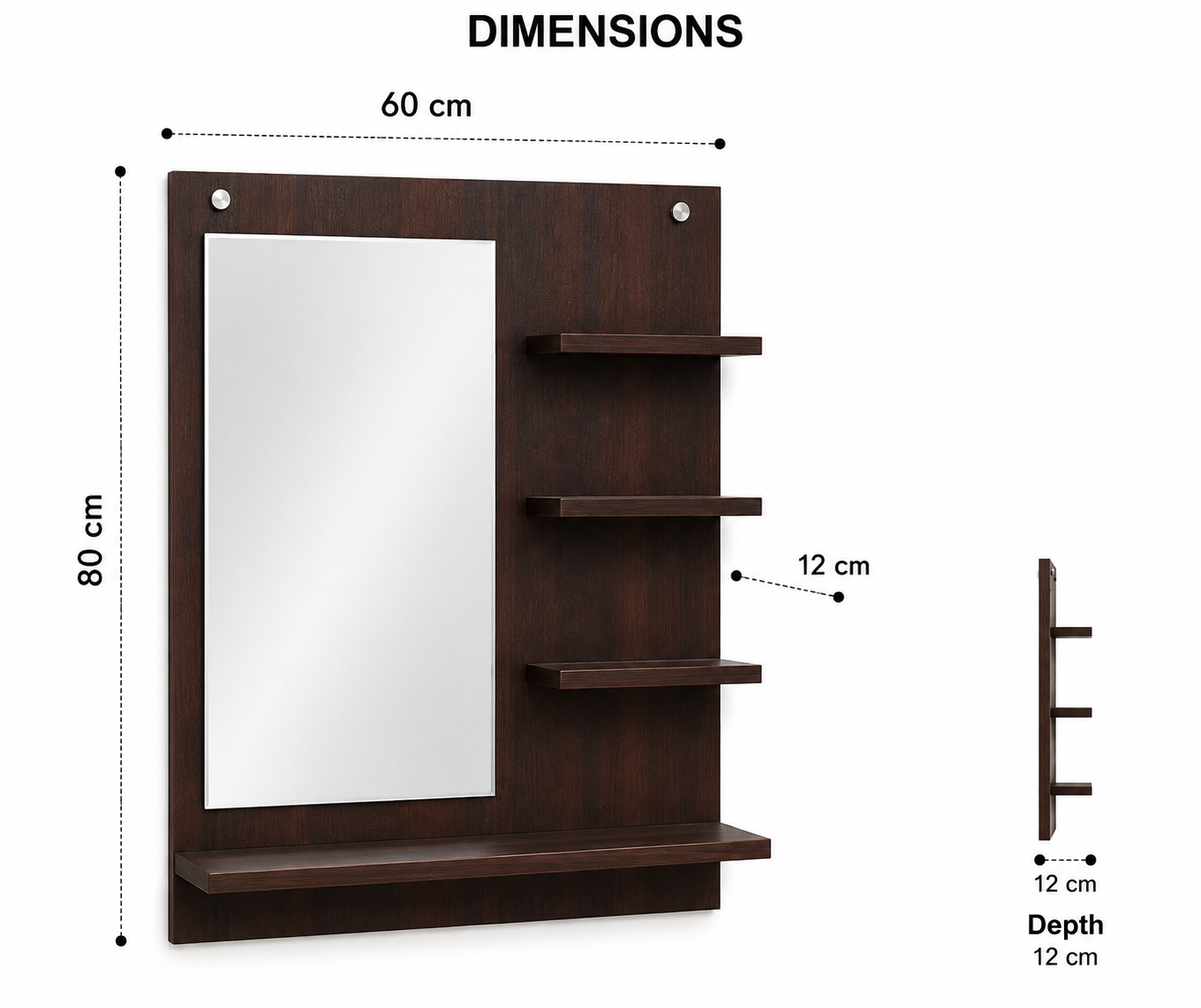 PEDPIX Wall-Mounted Dressing Mirror with Storage Shelves | 80 × 60 cm Space-Saving Vanity Mirror | Engineered Wood | Bedroom & Dressing Room Organizer