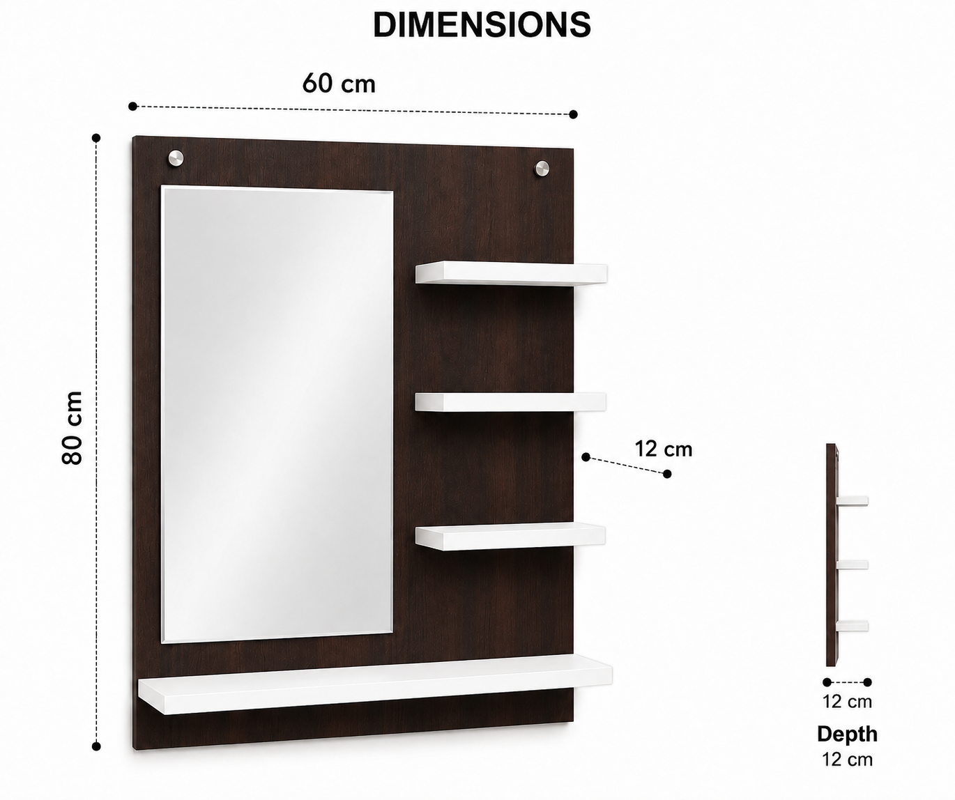 PEDPIX Wall-Mounted Dressing Mirror with Storage Shelves | 80 × 60 cm Space-Saving Vanity Mirror | Engineered Wood | Bedroom & Dressing Room Organizer