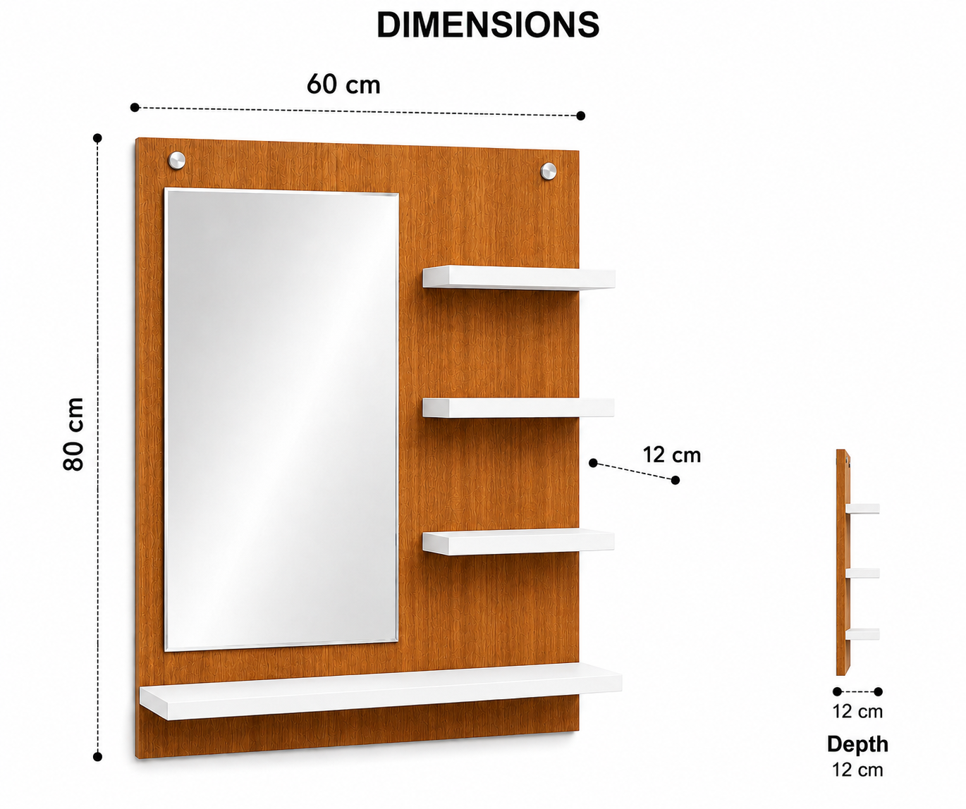 PEDPIX Wall-Mounted Dressing Mirror with Storage Shelves | 80 × 60 cm Space-Saving Vanity Mirror | Engineered Wood | Bedroom & Dressing Room Organizer