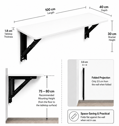 PEDPIX Wall Mounted Folding Table 100 × 40 cm | Space-Saving Foldable Wall Desk