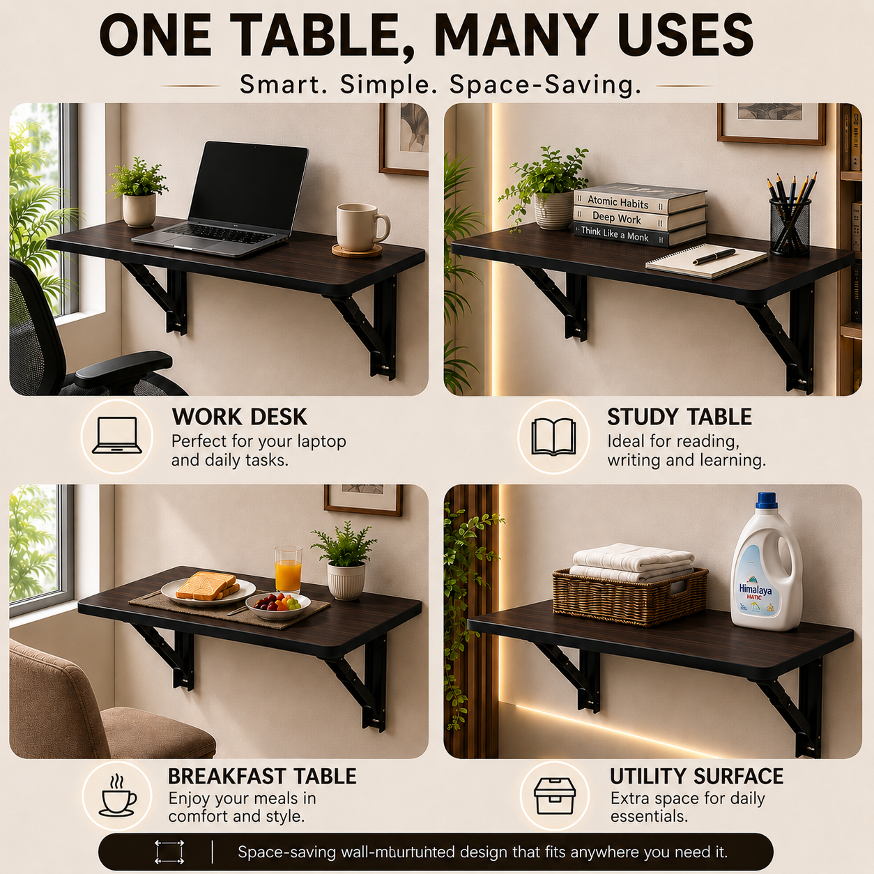 PEDPIX® Wall Mounted Folding Table | 80 × 40 cm | Coffee Venge | Space-Saving Foldable Wall Desk