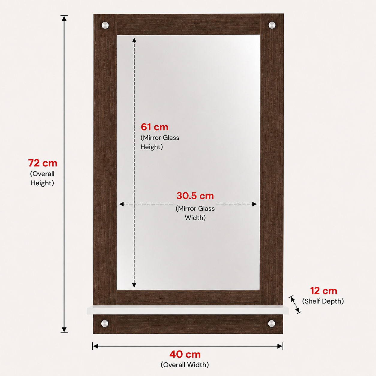 PEDPIX Wall Mounted Dressing Mirror with Storage Shelf | Wooden Bathroom & Bedroom Vanity Mirror | Engineered Wood | 72 x 40 cm
