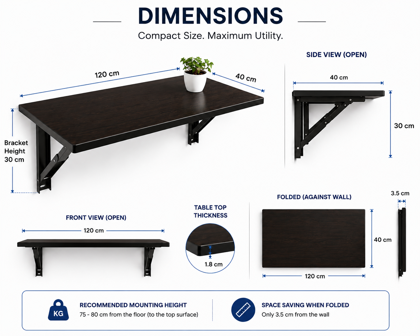 PEDPIX Wall-Mounted Folding Table 120 × 40 cm | Space-Saving Foldable Wall Desk | Engineered Wood | Study, Work & Dining Table