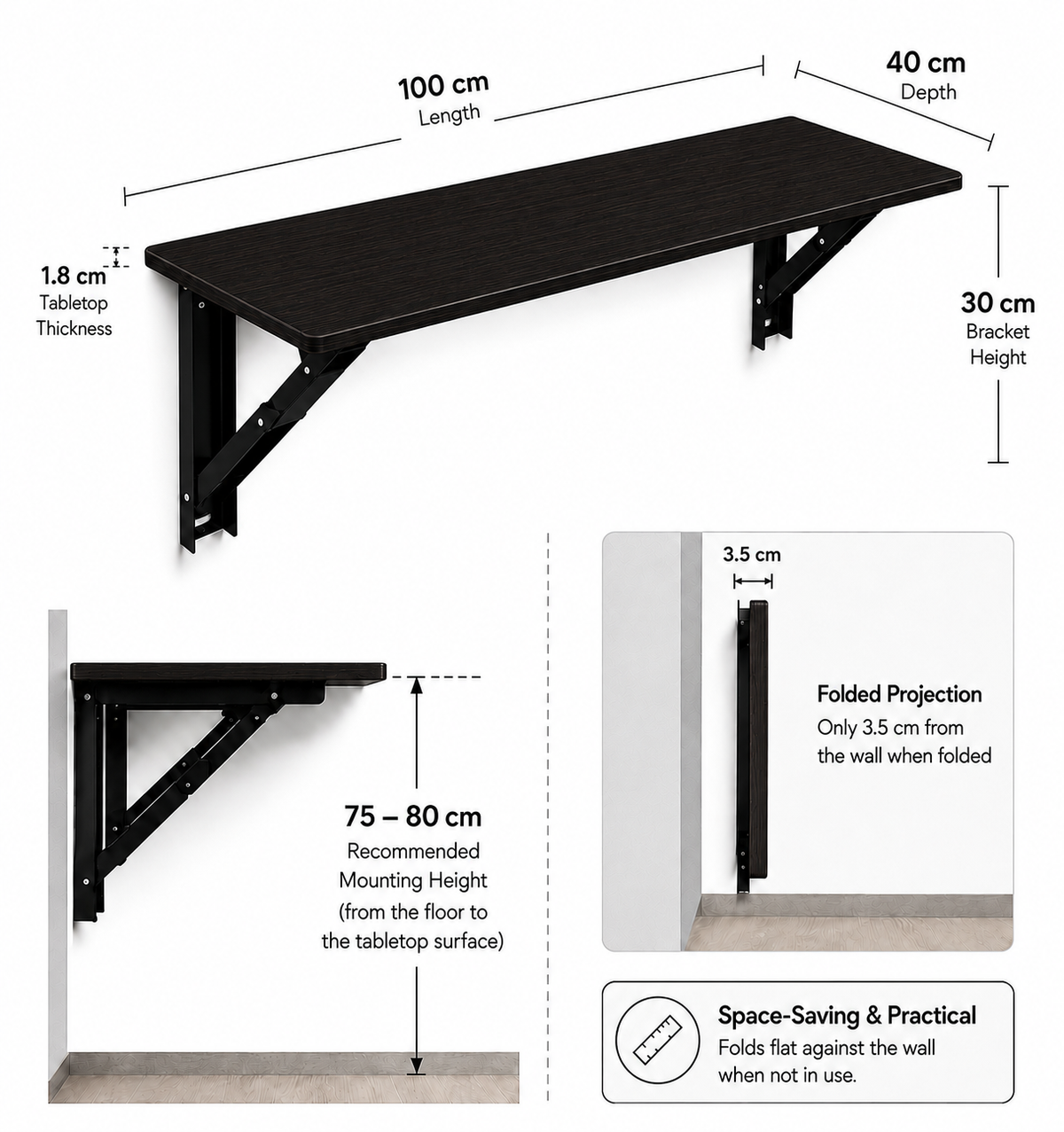 PEDPIX Wall Mounted Folding Table 100 × 40 cm | Space-Saving Foldable Table | Study, Work & Multipurpose Table