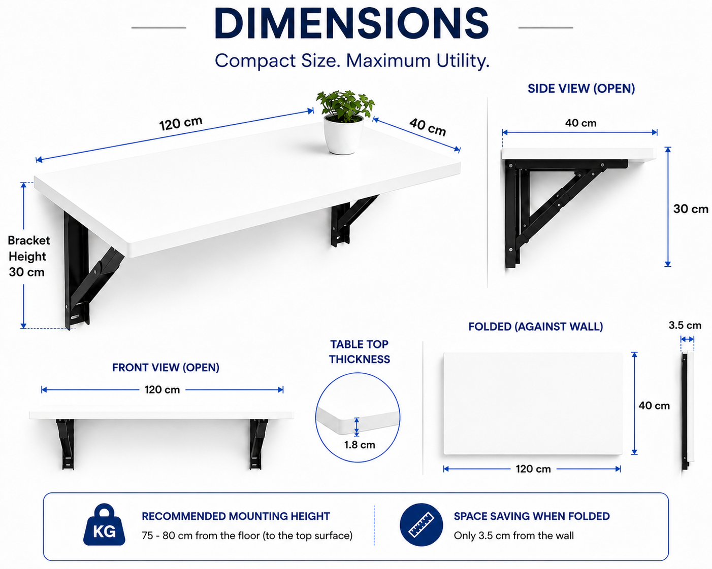 PEDPIX Wall-Mounted Folding Table 120 × 40 cm | Space-Saving Foldable Wall Desk | Engineered Wood | Study, Work & Dining Table