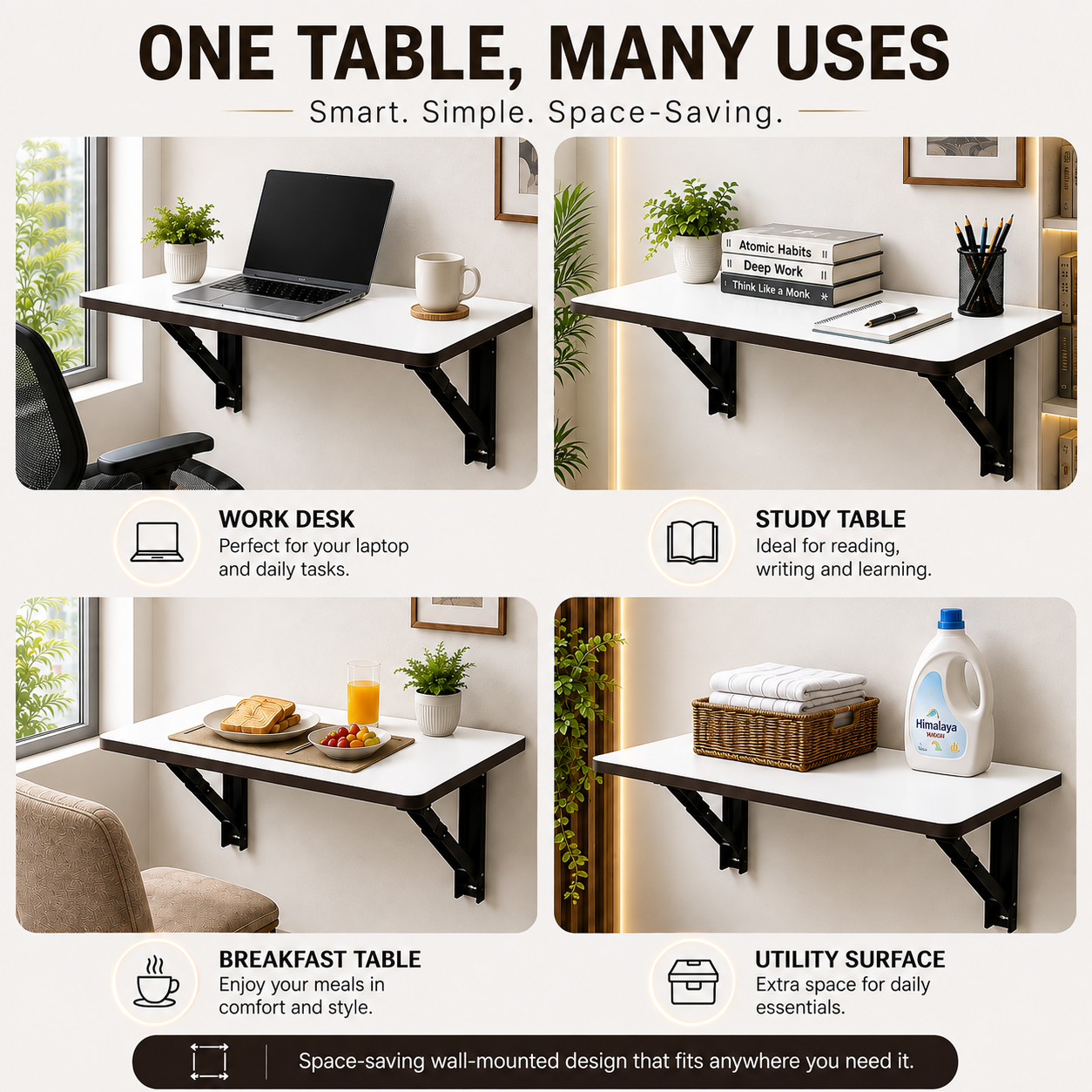 PEDPIX Wall Mounted Folding Table 80 × 40 cm – White Venge | Foldable Space-Saving Wall Desk