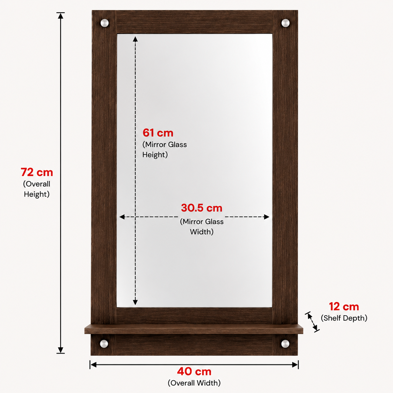 PEDPIX Wall Mounted Dressing Mirror with Storage Shelf | Wooden Bathroom & Bedroom Vanity Mirror | Engineered Wood | 72 x 40 cm