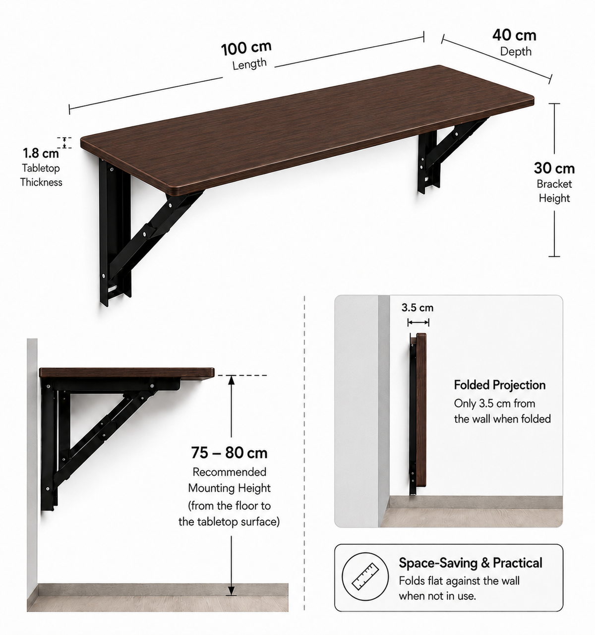 PEDPIX Wall Mounted Folding Table 100 × 40 cm | Space-Saving Foldable Table | Study, Work & Multipurpose Table