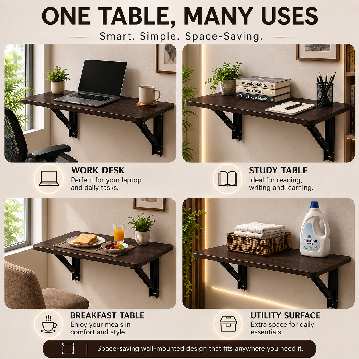 PEDPIX® Wall Mounted Folding Table – 80 × 40 cm | Space-Saving Foldable Wall Desk | Venge