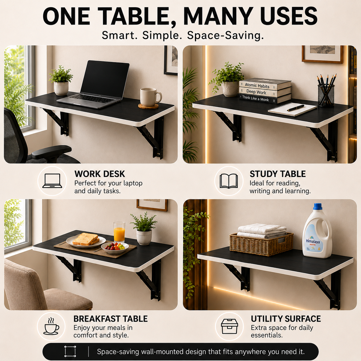PEDPIX Wall Mounted Folding Table 80 × 40 cm – Venge White | Foldable Space-Saving Wall Desk