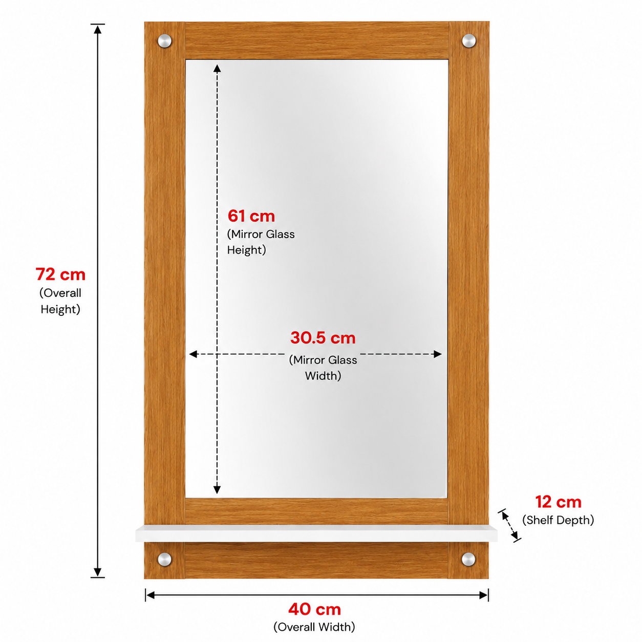 PEDPIX Wall Mounted Dressing Mirror with Storage Shelf | Wooden Bathroom & Bedroom Vanity Mirror | Engineered Wood | 72 x 40 cm