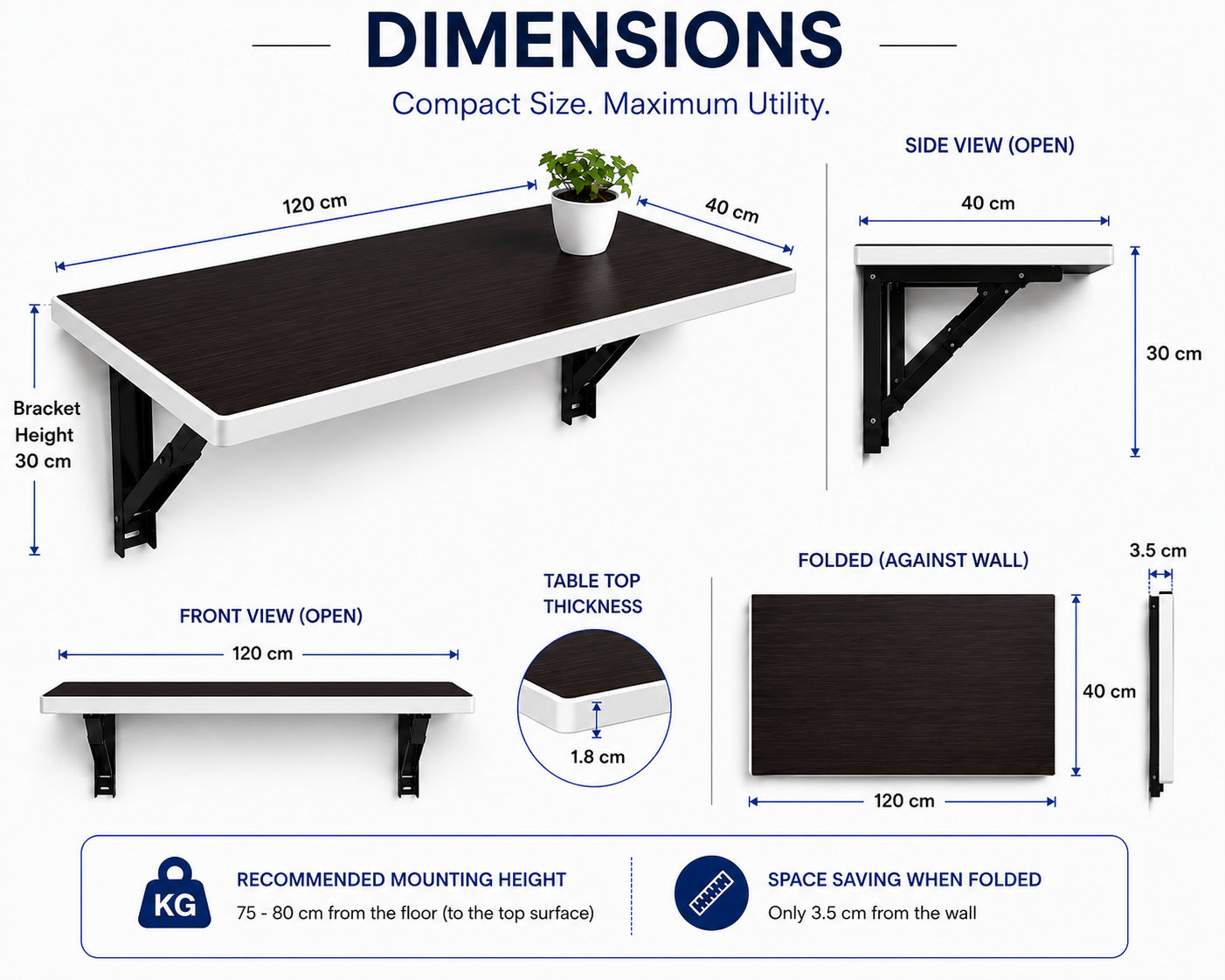 PEDPIX Wall-Mounted Folding Table 120 × 40 cm | Space-Saving Foldable Wall Desk | Engineered Wood | Study, Work & Dining Table