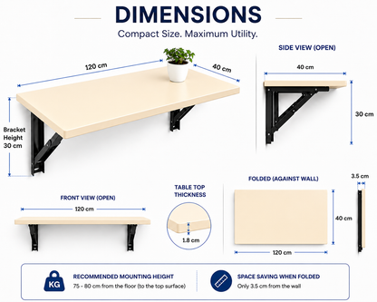 PEDPIX Wall Mounted Folding Table 120 × 40 cm | Space-Saving Foldable Wall Desk