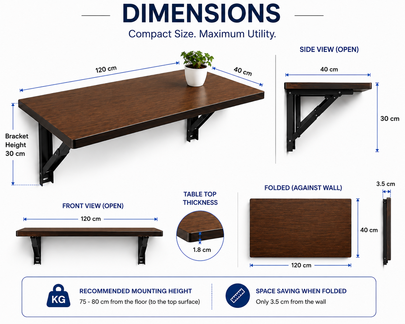 PEDPIX Wall-Mounted Folding Table 120 × 40 cm | Space-Saving Foldable Wall Desk | Engineered Wood | Study, Work & Dining Table