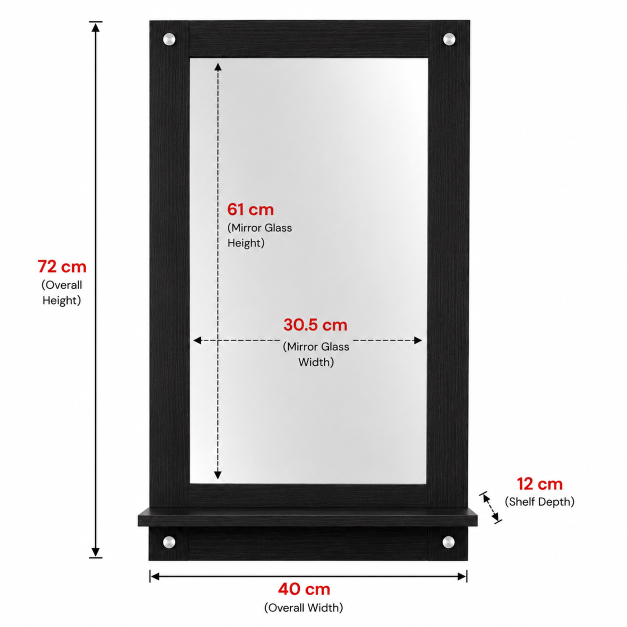 PEDPIX Wall Mounted Dressing Mirror with Storage Shelf | Wooden Bathroom & Bedroom Vanity Mirror | Engineered Wood | 72 x 40 cm