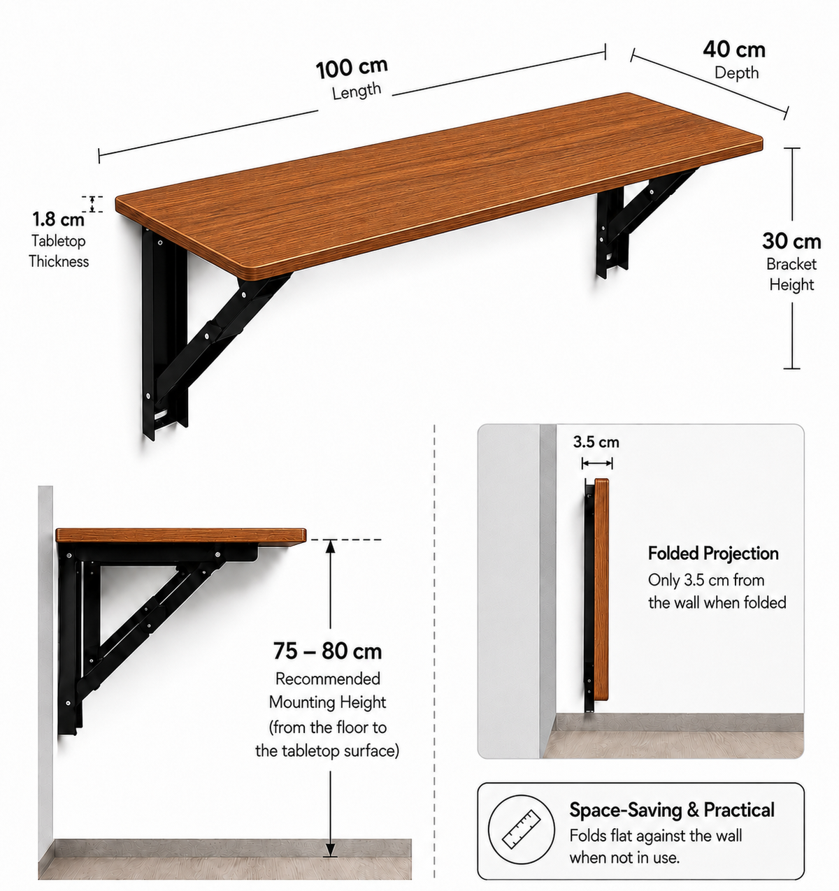 PEDPIX Wall Mounted Folding Table 100 × 40 cm | Space-Saving Foldable Table | Study, Work & Multipurpose Table