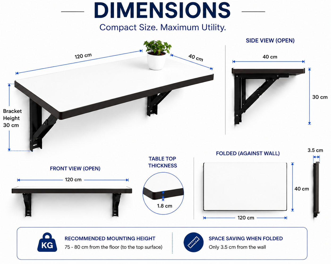 PEDPIX Wall-Mounted Folding Table 120 × 40 cm | Space-Saving Foldable Wall Desk | Engineered Wood | Study, Work & Dining Table