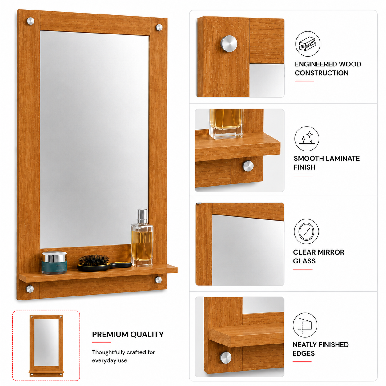 PEDPIX Wall Mounted Dressing Mirror with Storage Shelf | Wooden Bathroom & Bedroom Vanity Mirror | Engineered Wood | 72 x 40 cm