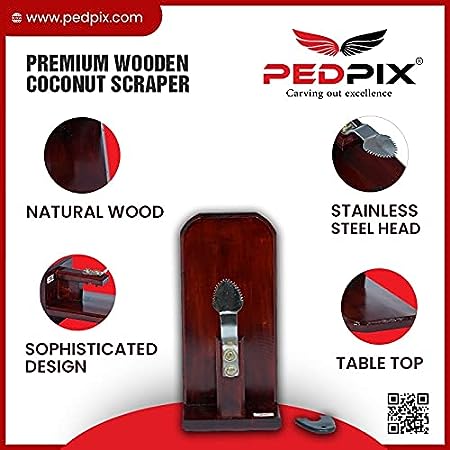 Copy of PEDPIX TM Polished Wooden Coconut Scraper with Stainless Steel Head for Kitchen Tabletop - Place on Any Type of Kitchen Top - Brown Wooden Coconut Grater Made with Natural Wood (32x14x16 Inches)
