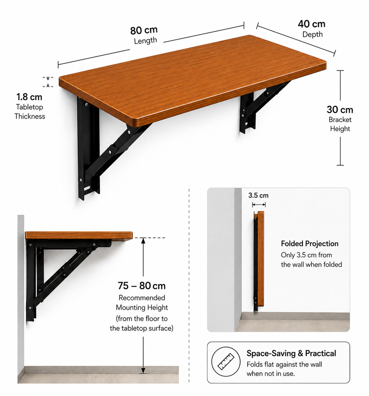 PEDPIX Wall Mounted Folding Table 80 × 40 cm – Teak | Space-Saving Foldable Wall Desk