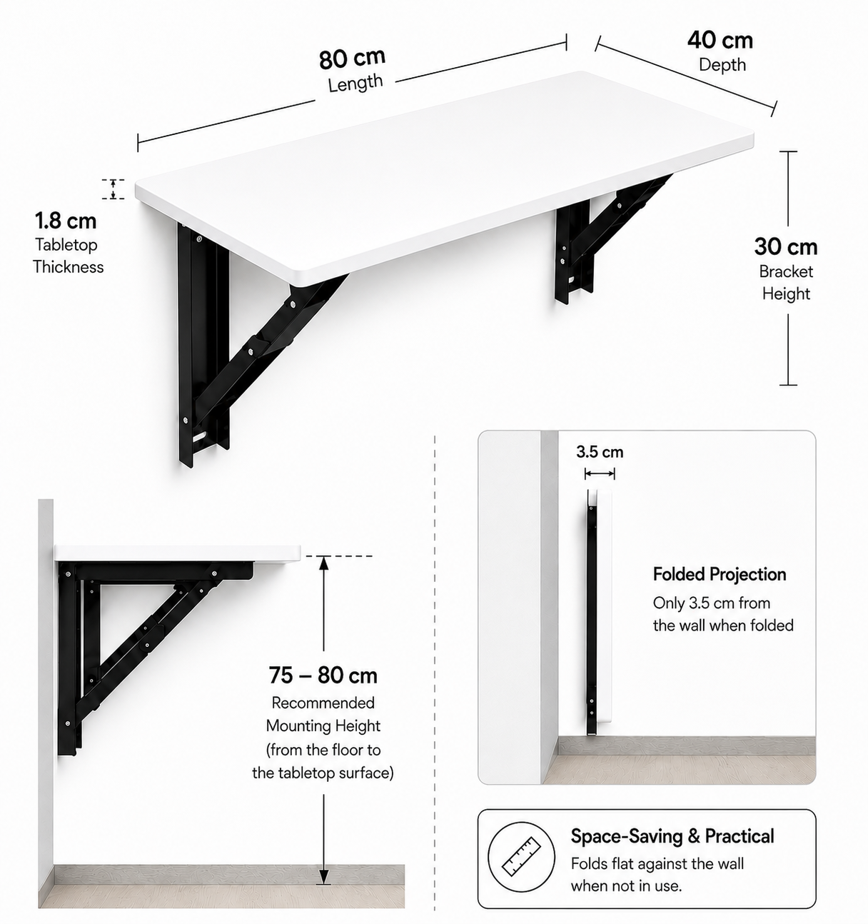 PEDPIX Wall Mounted Folding Table 80 × 40 cm – White | Foldable Space-Saving Wall Desk