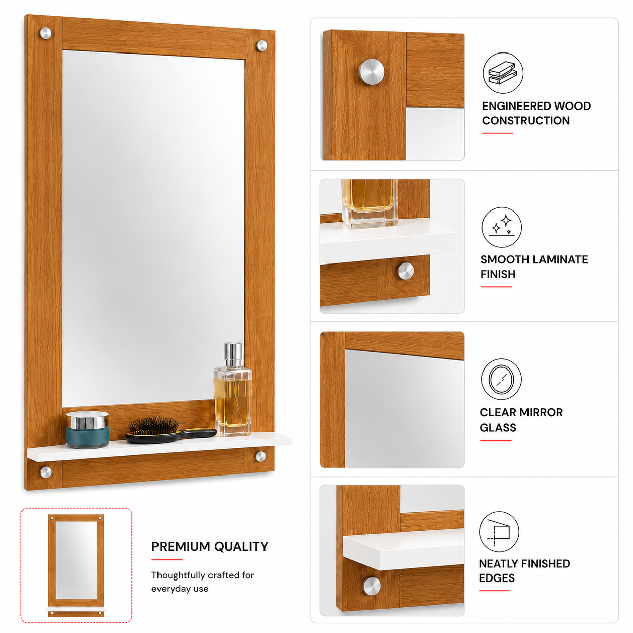 PEDPIX Wall Mounted Dressing Mirror with Storage Shelf | Wooden Bathroom & Bedroom Vanity Mirror | Engineered Wood | 72 x 40 cm