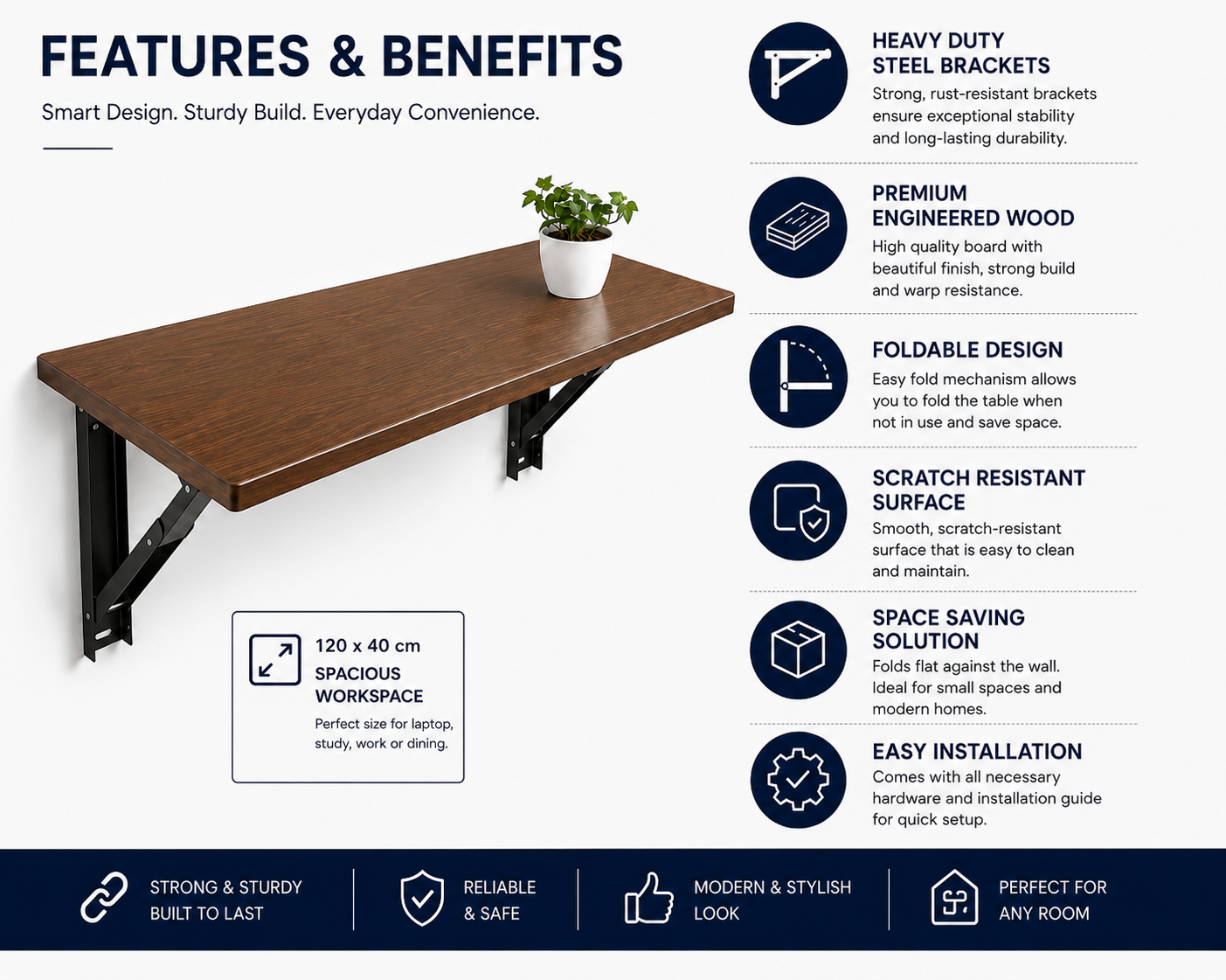 PEDPIX Wall Mounted Folding Table 120 x 40 cm Coffee | Foldable Wall Desk | Space Saving Study Table for Home, Office & Kitchen