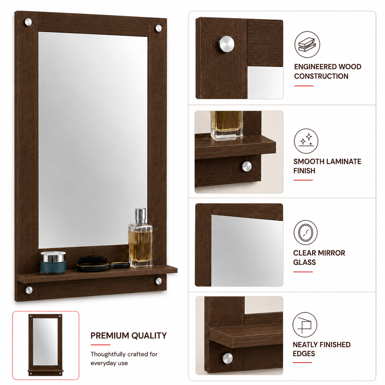PEDPIX Wall Mounted Dressing Mirror with Storage Shelf | Wooden Bathroom & Bedroom Vanity Mirror | Engineered Wood | 72 x 40 cm