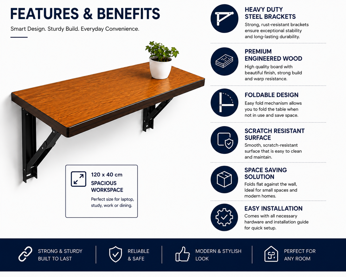 PEDPIX Wall-Mounted Folding Table 120 × 40 cm | Space-Saving Foldable Wall Desk | Engineered Wood | Study, Work & Dining Table