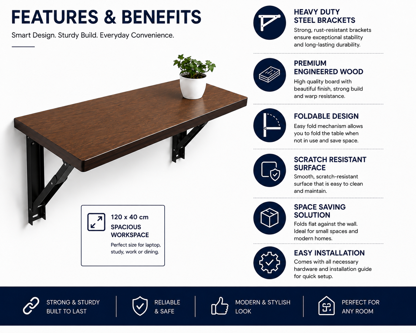 PEDPIX Wall-Mounted Folding Table 120 × 40 cm | Space-Saving Foldable Wall Desk | Engineered Wood | Study, Work & Dining Table