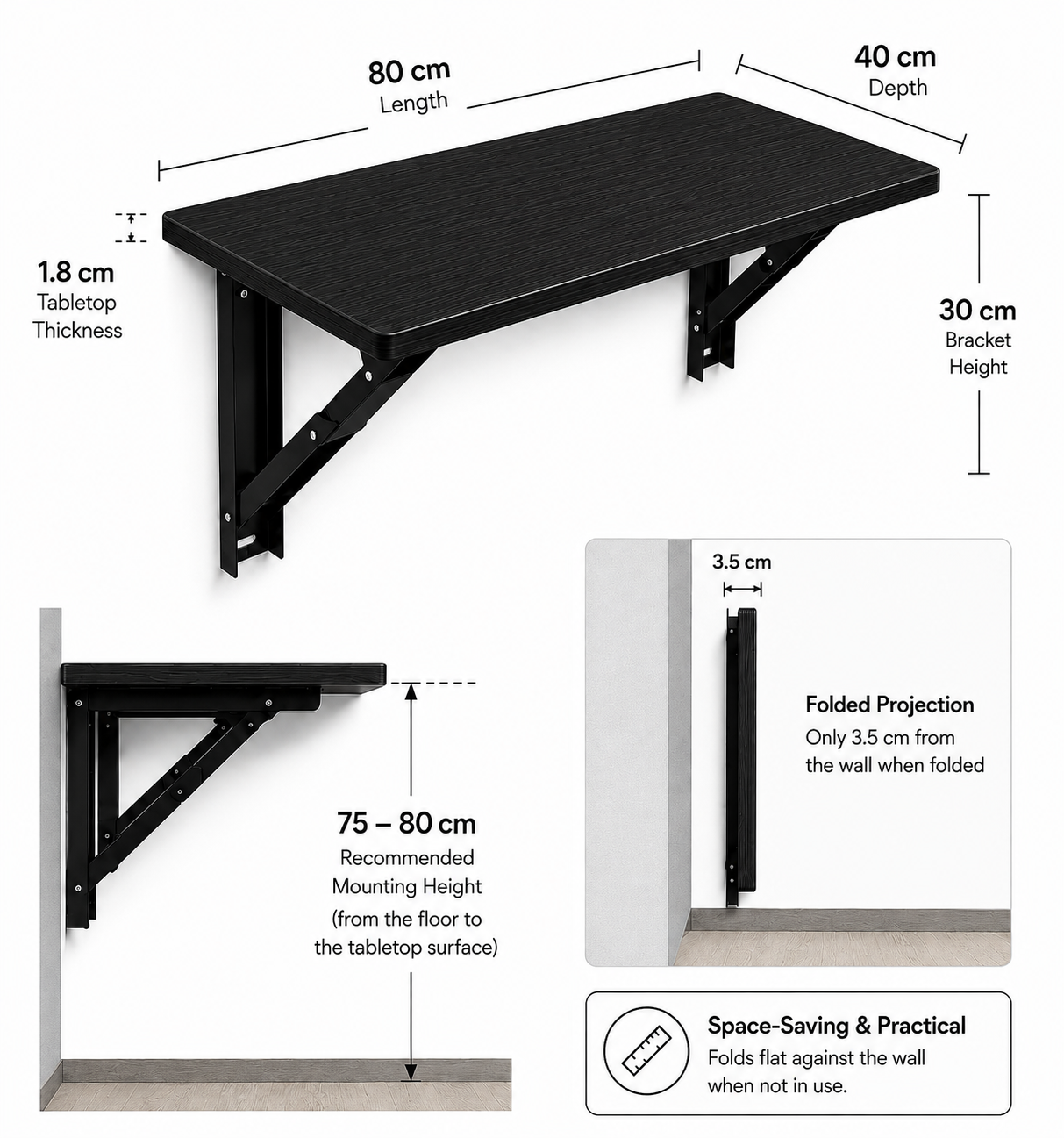 PEDPIX Wall Mounted Folding Table 80 × 40 cm – Venge | Foldable Space-Saving Wall Desk