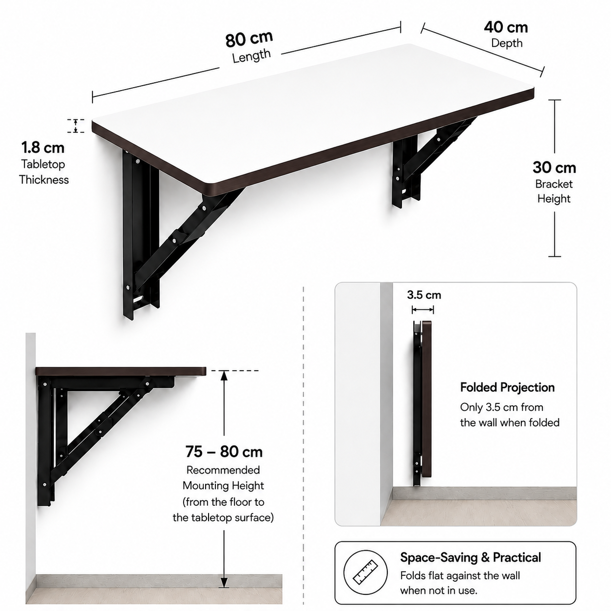 PEDPIX Wall Mounted Folding Table 80 × 40 cm – White Venge | Foldable Space-Saving Wall Desk