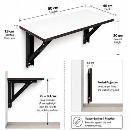 PEDPIX Wall Mounted Folding Table 80 × 40 cm | Space-Saving Foldable Wall Desk