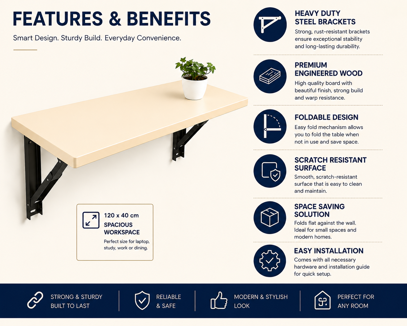 PEDPIX Wall-Mounted Folding Table 120 × 40 cm | Space-Saving Foldable Wall Desk | Engineered Wood | Study, Work & Dining Table
