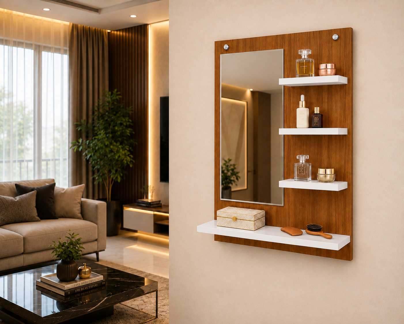 PEDPIX Wall-Mounted Dressing Mirror with Storage Shelves | 80 × 60 cm Space-Saving Vanity Mirror | Engineered Wood | Bedroom & Dressing Room Organizer