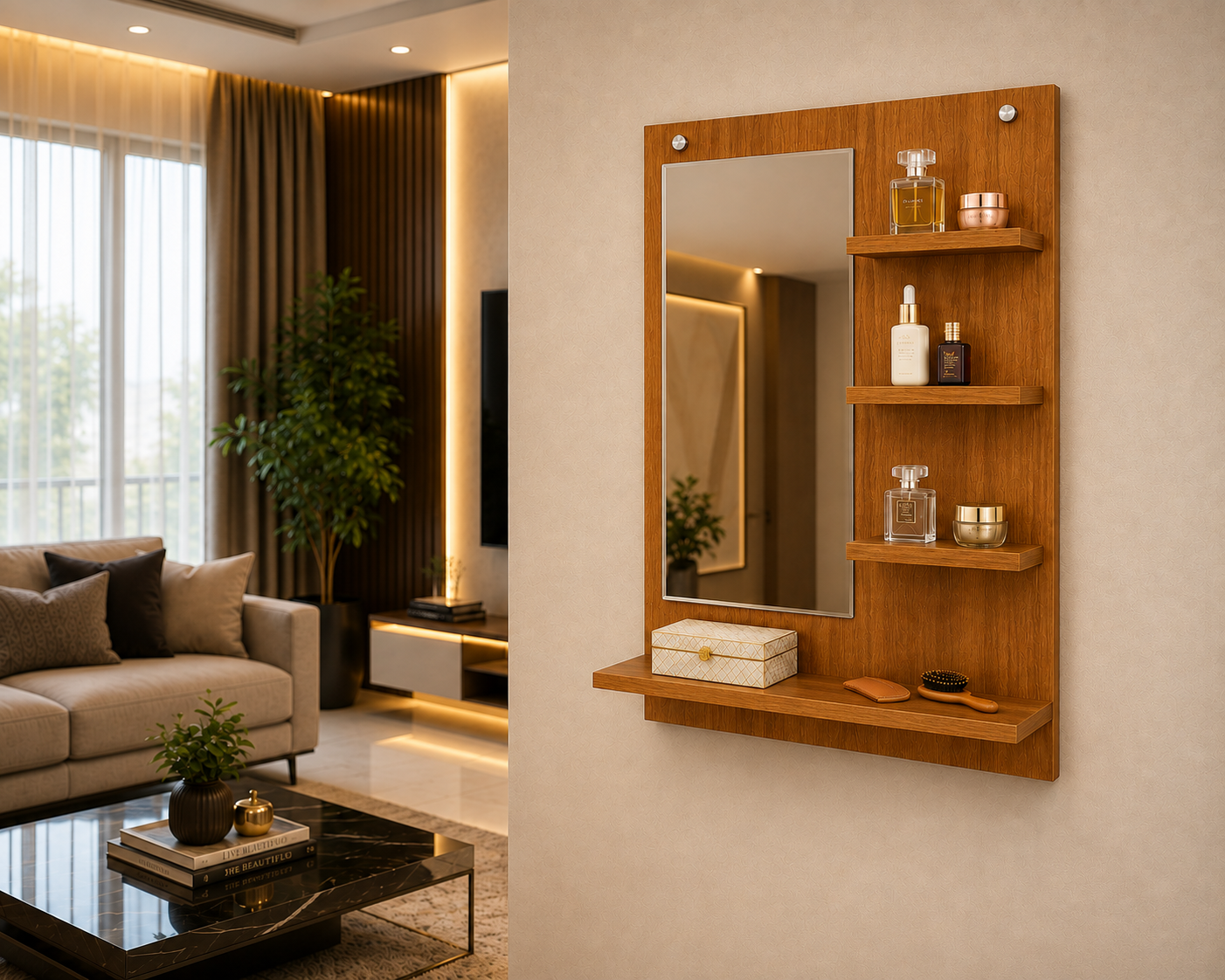 PEDPIX Wall-Mounted Dressing Mirror with Storage Shelves | 80 × 60 cm Space-Saving Vanity Mirror | Engineered Wood | Bedroom & Dressing Room Organizer