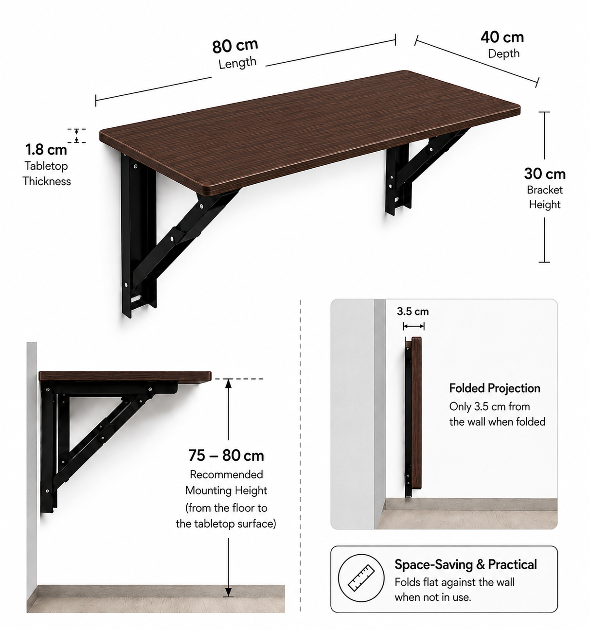 PEDPIX® Wall Mounted Folding Table – 80 × 40 cm | Space-Saving Foldable Wall Desk | Venge