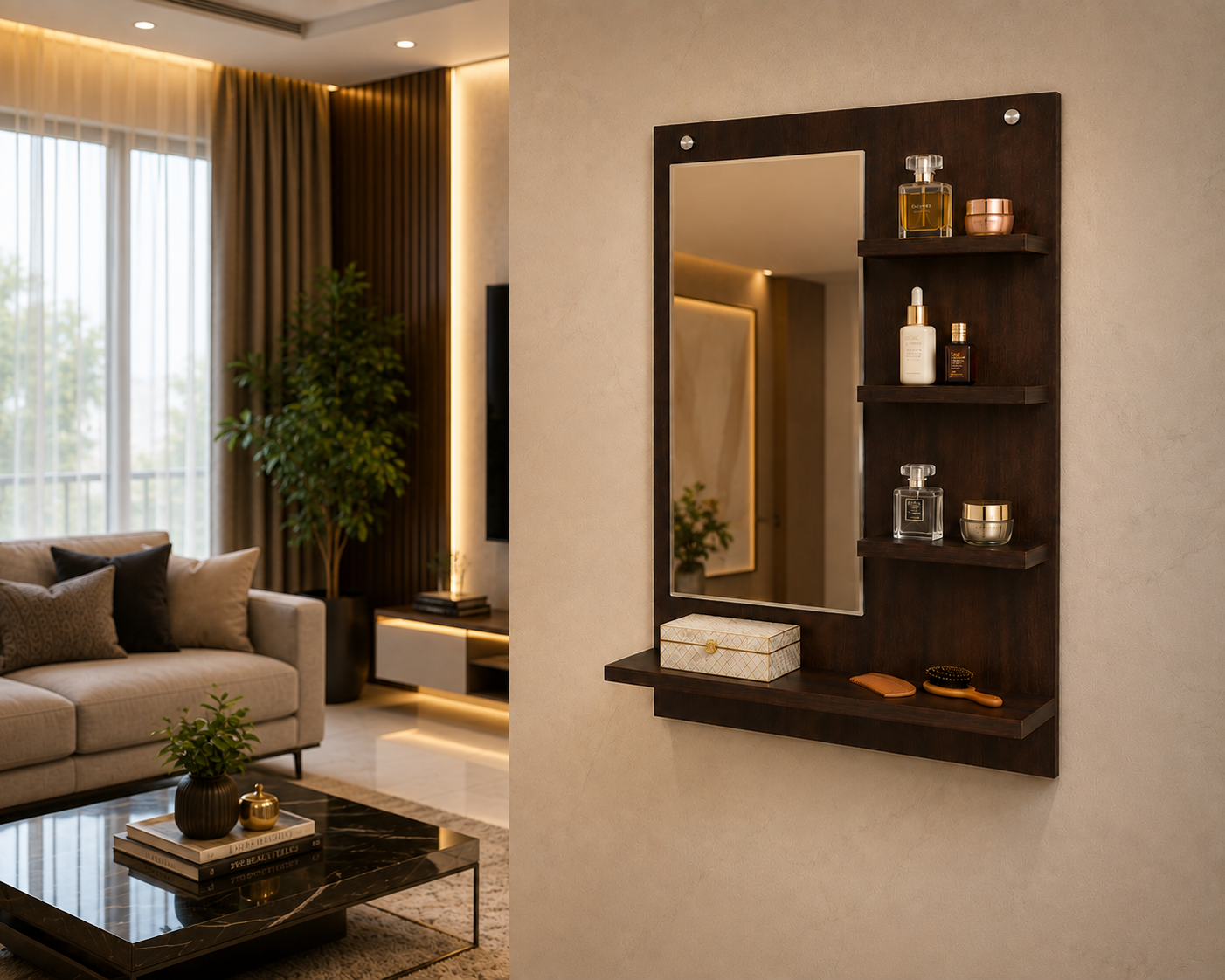PEDPIX Wall-Mounted Dressing Mirror with Storage Shelves | 80 × 60 cm Space-Saving Vanity Mirror | Engineered Wood | Bedroom & Dressing Room Organizer