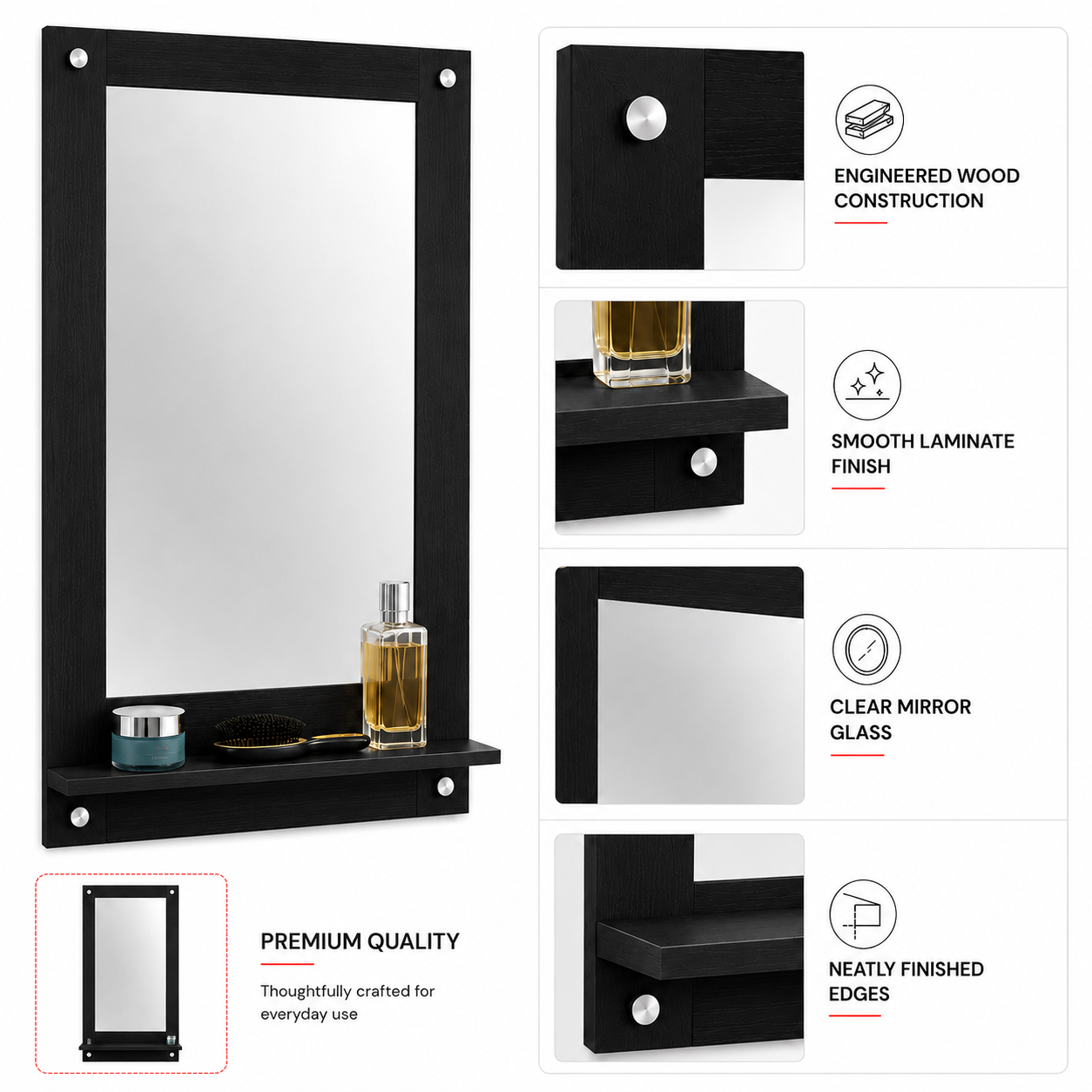 PEDPIX Wall Mounted Dressing Mirror with Storage Shelf | Wooden Bathroom & Bedroom Vanity Mirror | Engineered Wood | 72 x 40 cm