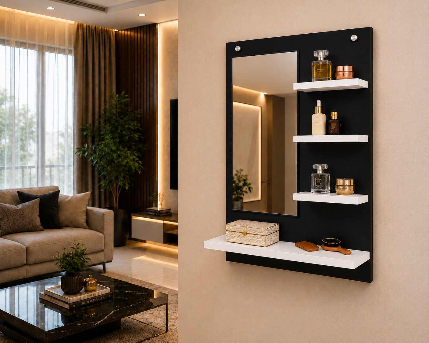 PEDPIX Wall-Mounted Dressing Mirror with Storage Shelves | 80 × 60 cm Space-Saving Vanity Mirror | Engineered Wood | Bedroom & Dressing Room Organizer