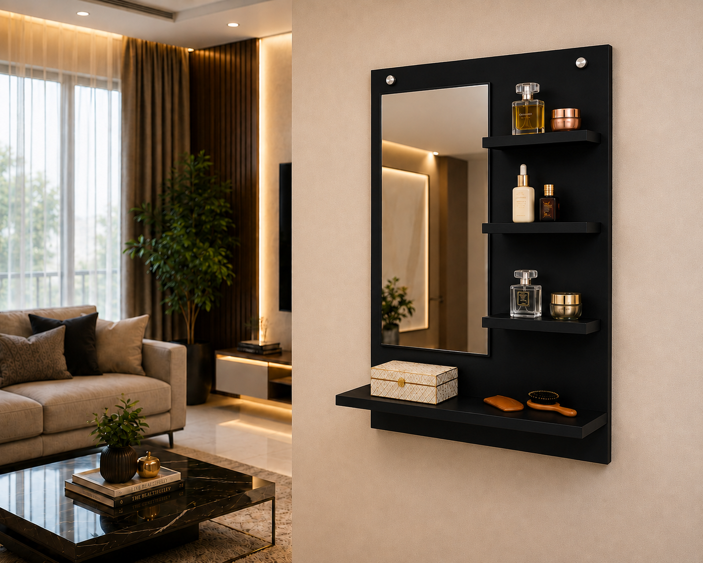 PEDPIX Wall-Mounted Dressing Mirror with Storage Shelves | 80 × 60 cm Space-Saving Vanity Mirror | Engineered Wood | Bedroom & Dressing Room Organizer