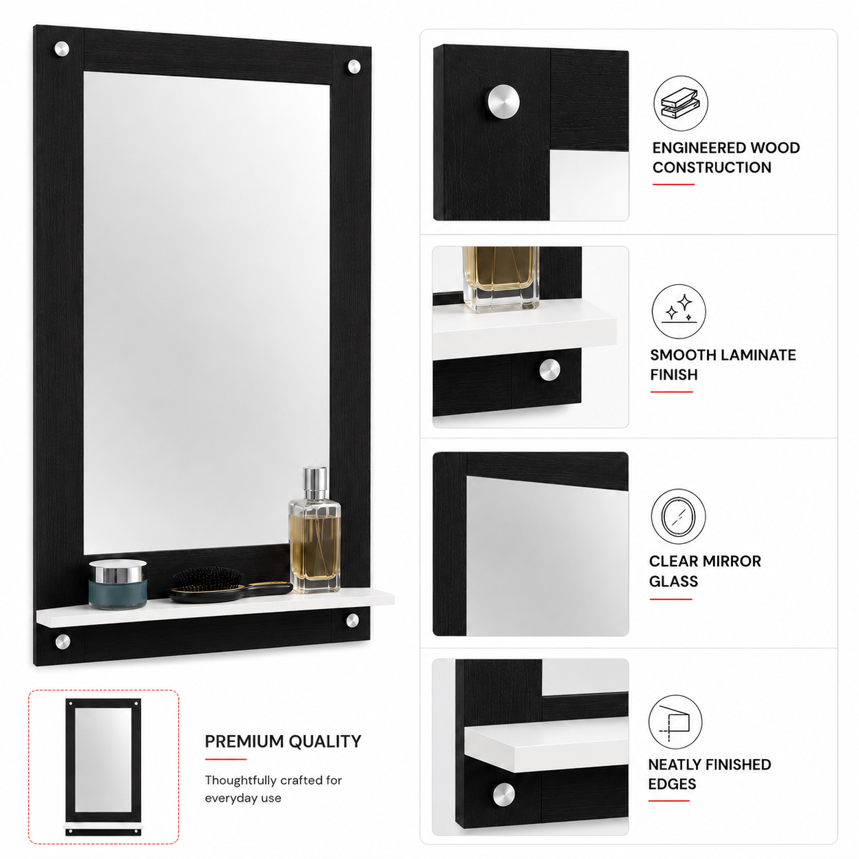 PEDPIX Wall Mounted Dressing Mirror with Storage Shelf | Wooden Bathroom & Bedroom Vanity Mirror | Engineered Wood | 72 x 40 cm