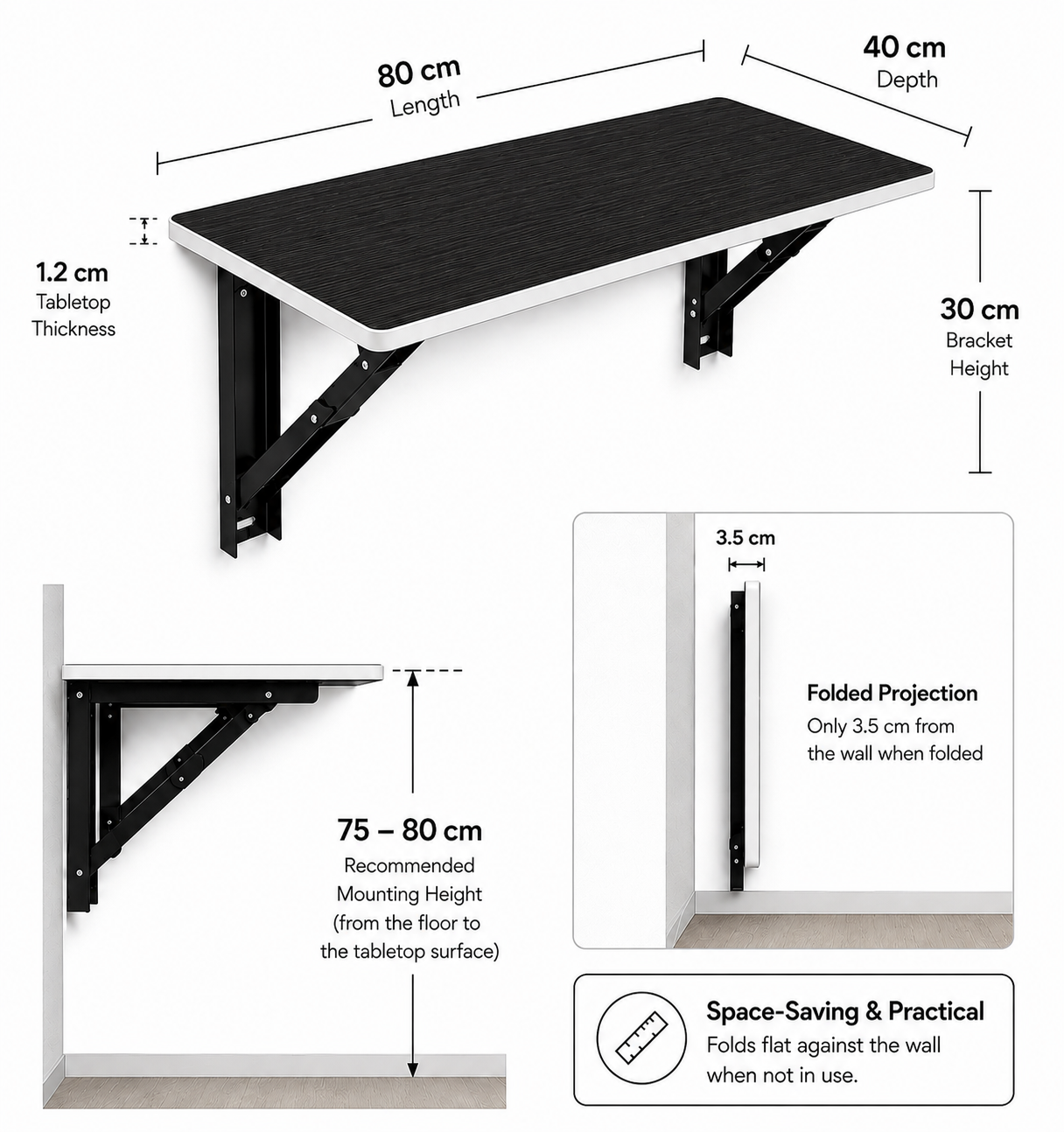 PEDPIX Wall Mounted Folding Table 80 × 40 cm – Venge White | Foldable Space-Saving Wall Desk